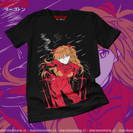 Polera negra Neon Genesis Evangelion con diseño de Asuka Langley Soryu