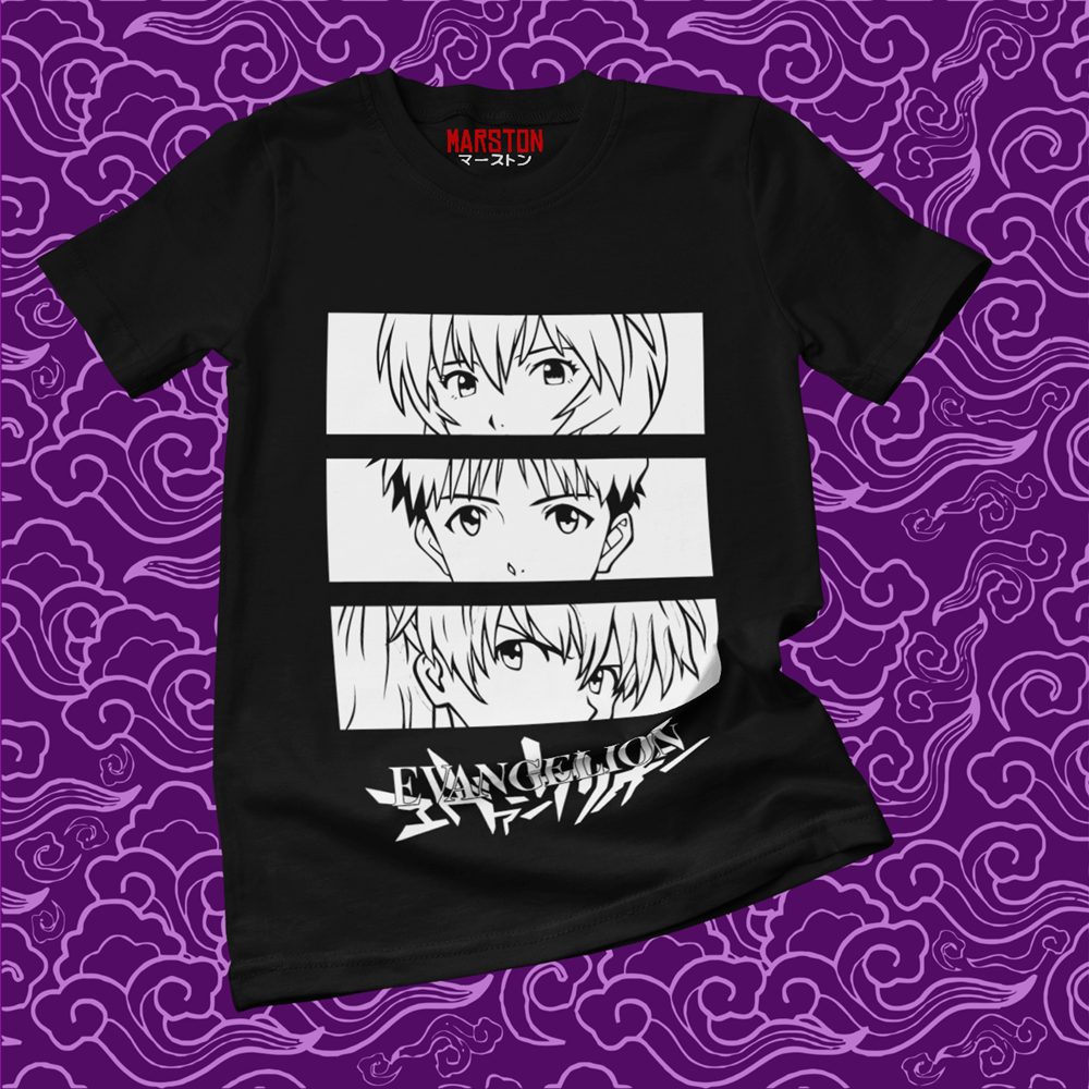 Polera negra Neon Genesis Evangelion con Asuka Langley Soryu, Rei Ayanami y Shinji Ikari