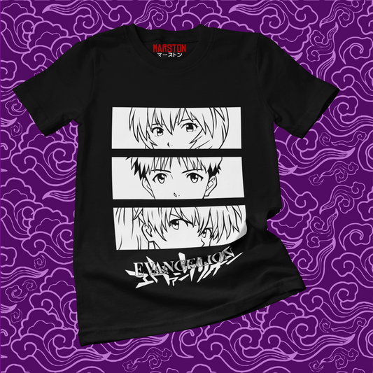 Polera negra Neon Genesis Evangelion con Asuka Langley Soryu, Rei Ayanami y Shinji Ikari