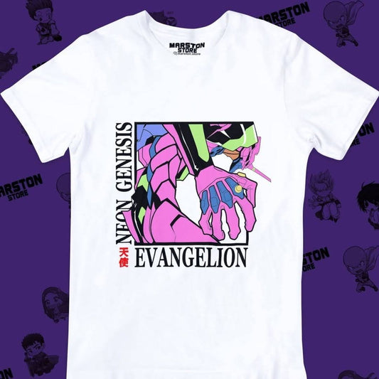 Polera blanca Neon Genesis Evangelion con diseño inspirado en el anime