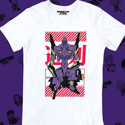 Polera blanca Neon Genesis Evangelion con diseño inspirado en el anime