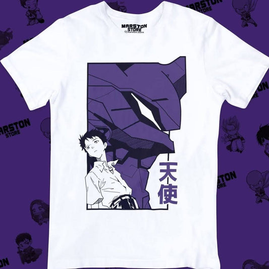 Polera blanca Neon Genesis Evangelion con diseño inspirado en el anime