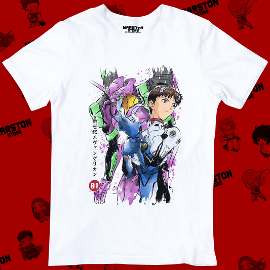 Polera blanca Neon Genesis Evangelion con diseño inspirado en el anime