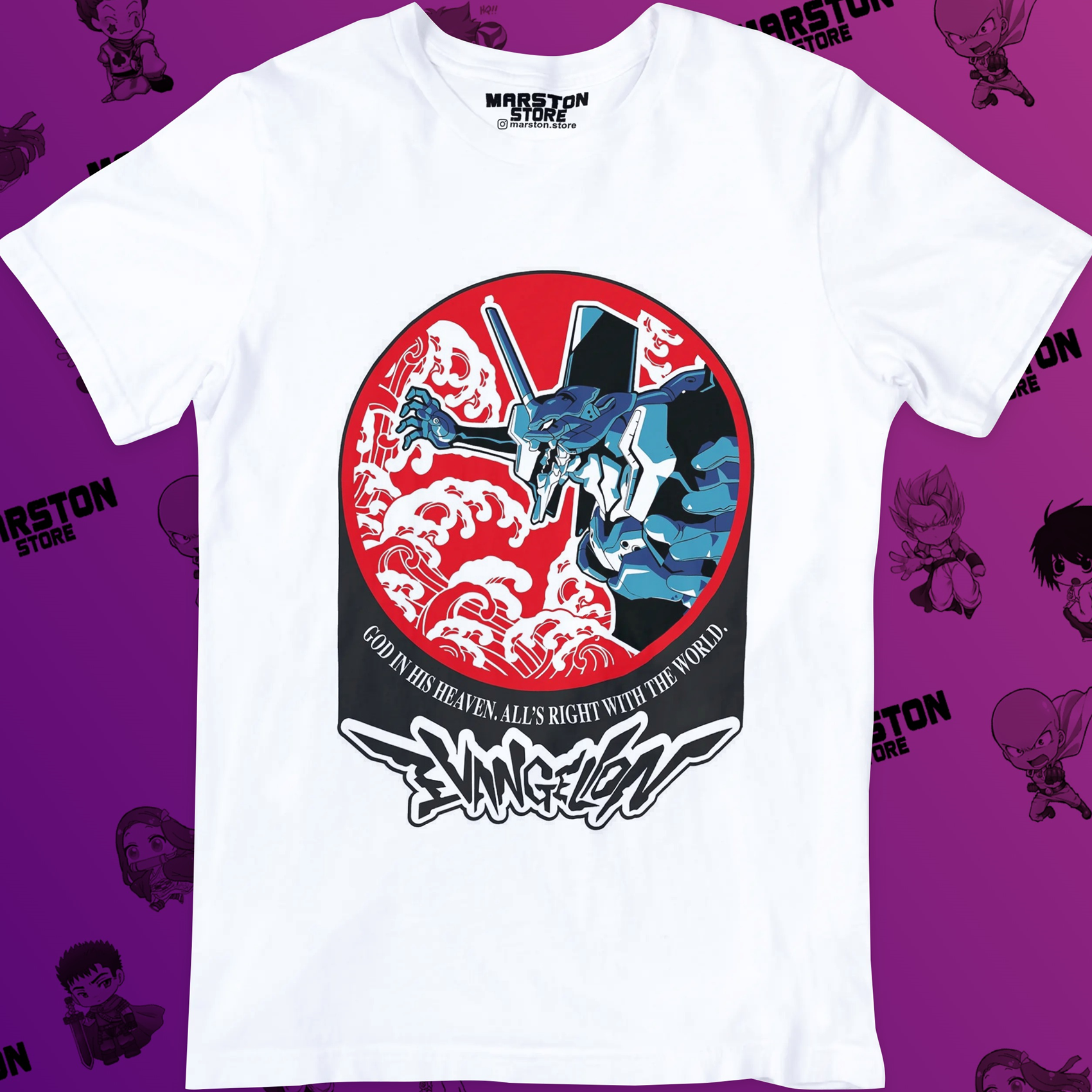 Polera blanca Neon Genesis Evangelion con diseño inspirado en el anime