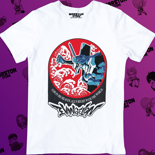 Polera blanca Neon Genesis Evangelion con diseño inspirado en el anime