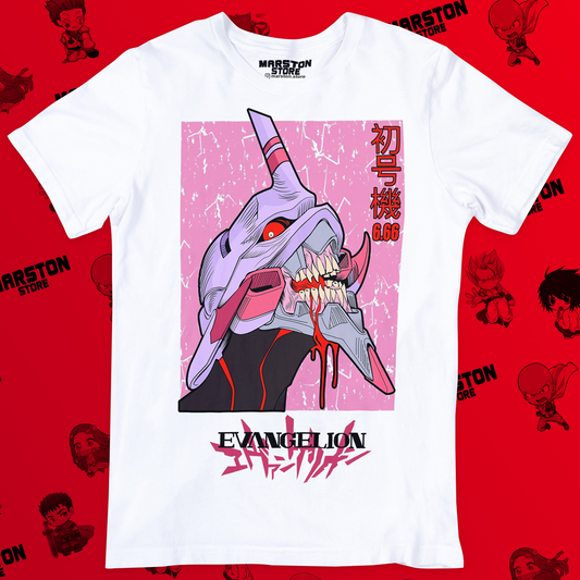 Polera blanca Neon Genesis Evangelion con diseño inspirado en el anime