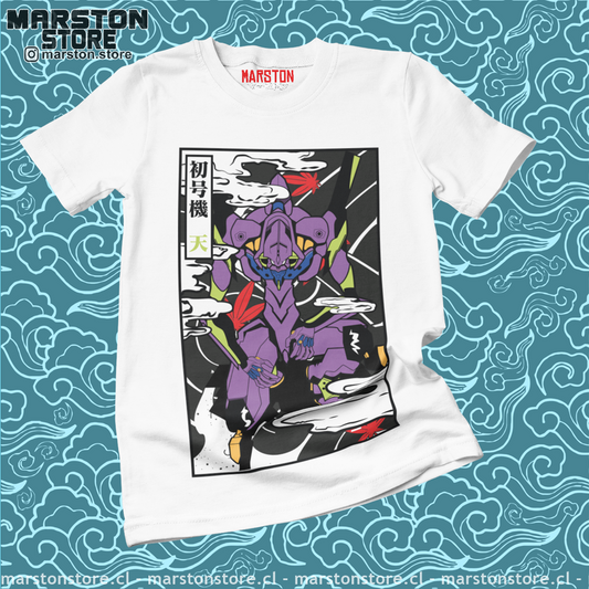 Polera blanca Neon Genesis Evangelion con diseño inspirado en el anime