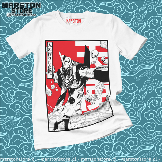Polera blanca Neon Genesis Evangelion con diseño inspirado en el anime