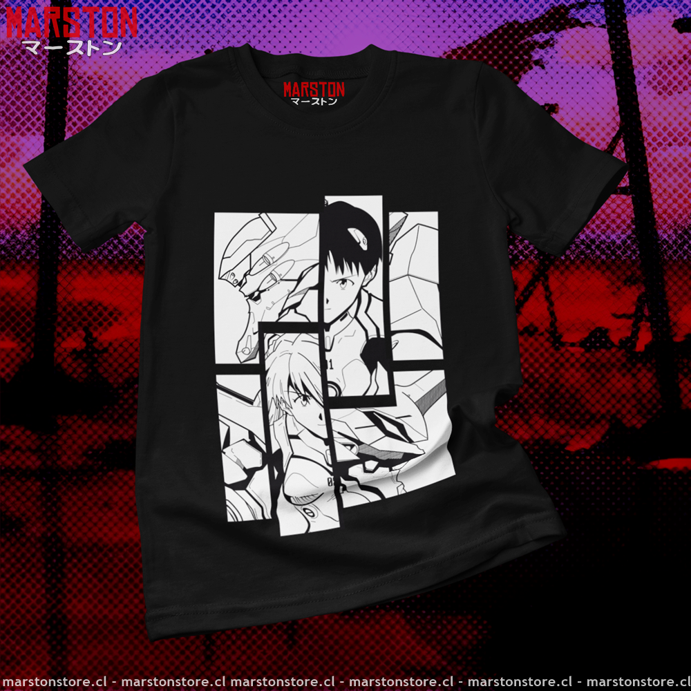 Polera negra Neon Genesis Evangelion con diseño inspirado en el anime
