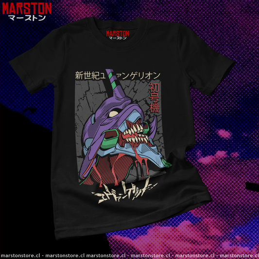 Polera negra Neon Genesis Evangelion con diseño inspirado en el anime