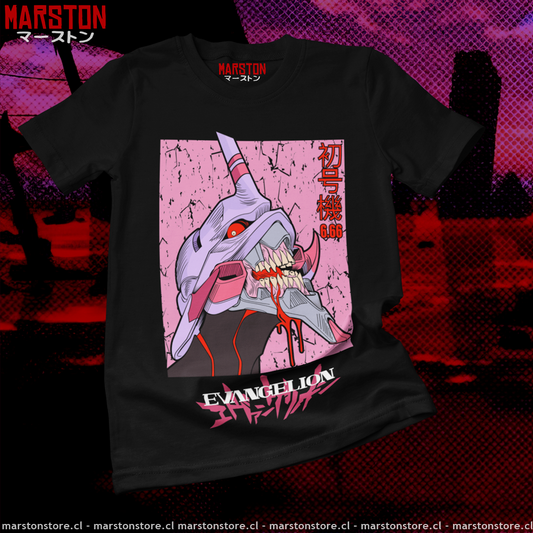 Polera negra Neon Genesis Evangelion con diseño inspirado en el anime