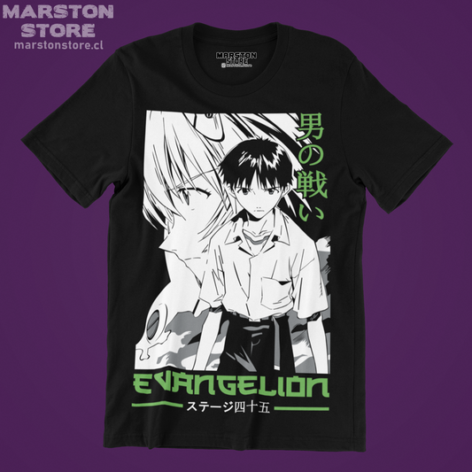 Polera negra Neon Genesis Evangelion con diseño inspirado en el anime