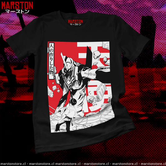 Polera negra Neon Genesis Evangelion con diseño inspirado en el anime