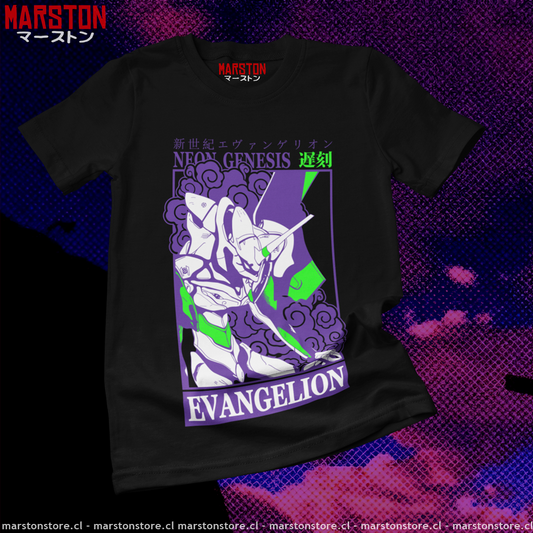 Polera negra Neon Genesis Evangelion con diseño inspirado en el anime