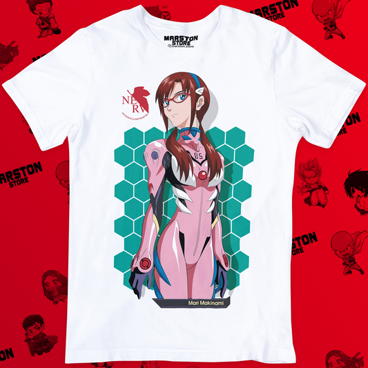 Polera blanca Neon Genesis Evangelion con diseño de Mari Makinami Illustrious