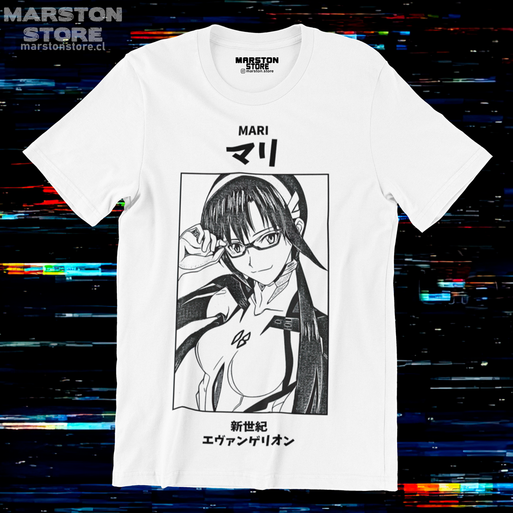 Polera blanca Neon Genesis Evangelion con diseño de Mari Makinami Illustrious