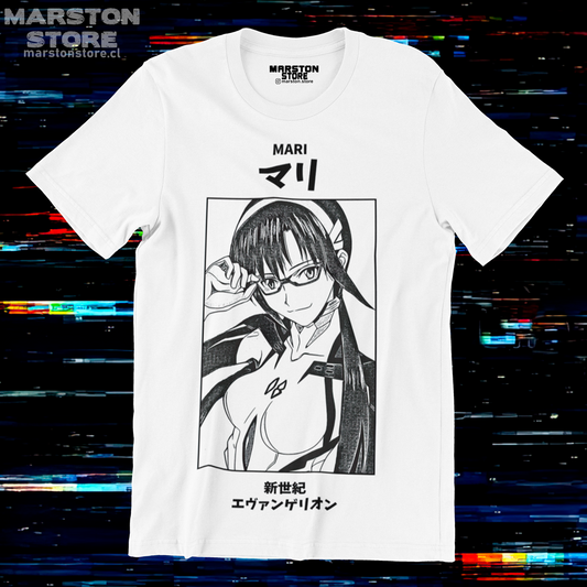 Polera blanca Neon Genesis Evangelion con diseño de Mari Makinami Illustrious