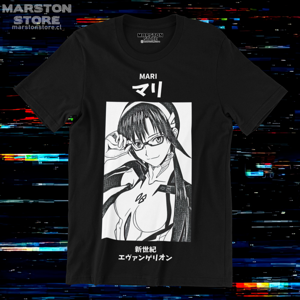 Polera negra Neon Genesis Evangelion con diseño de Mari Makinami Illustrious