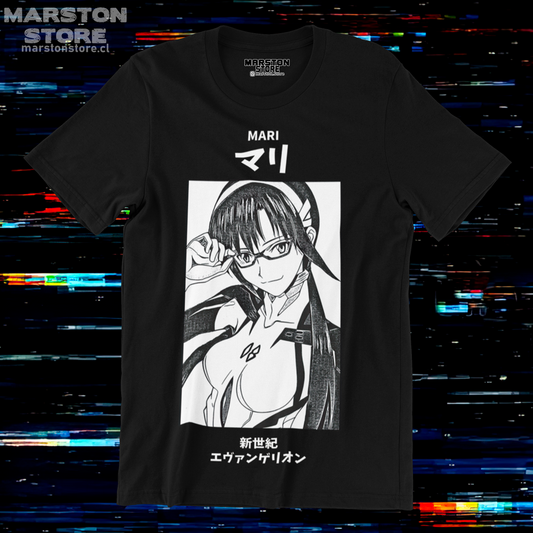 Polera negra Neon Genesis Evangelion con diseño de Mari Makinami Illustrious