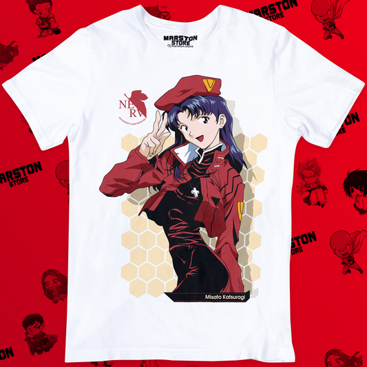 Polera blanca Neon Genesis Evangelion con diseño de Misato Katsuragi
