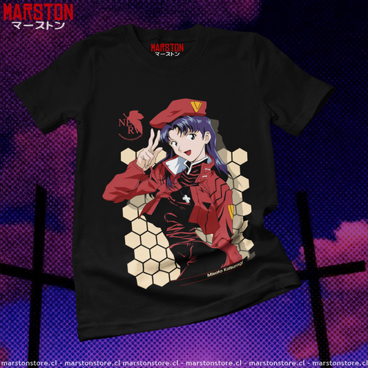 Polera negra Neon Genesis Evangelion con diseño de Misato Katsuragi