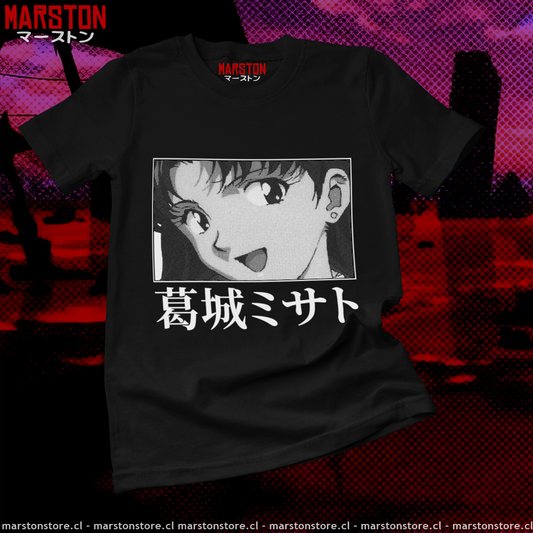 Polera negra Neon Genesis Evangelion con diseño de Misato Katsuragi