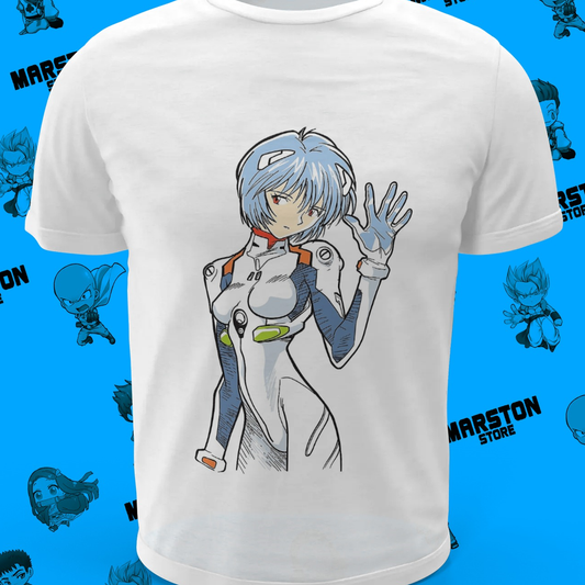Polera blanca Neon Genesis Evangelion con diseño de Rei Ayanami
