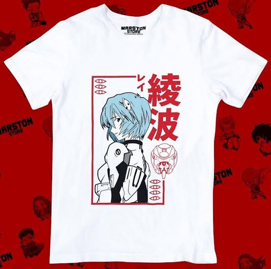 Polera blanca Neon Genesis Evangelion con diseño de Rei Ayanami