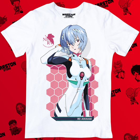 Polera blanca Neon Genesis Evangelion con diseño de Rei Ayanami