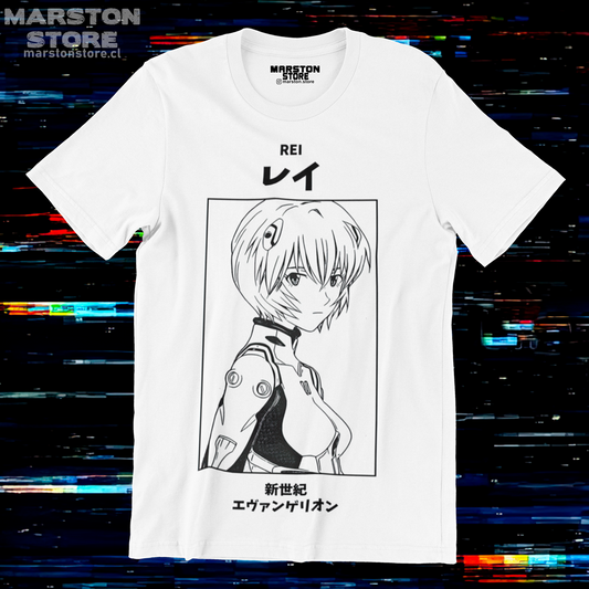 Polera blanca Neon Genesis Evangelion con diseño de Rei Ayanami
