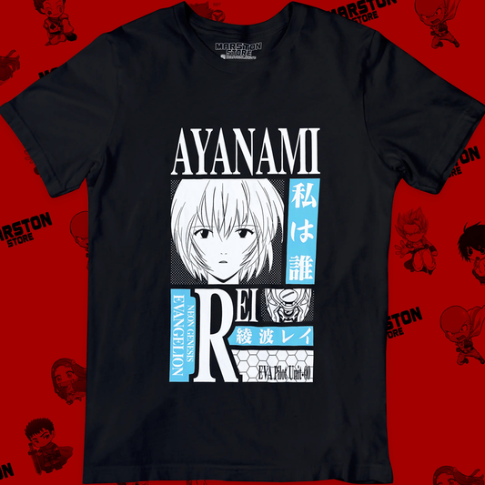 Polera negra Neon Genesis Evangelion con diseño de Rei Ayanami