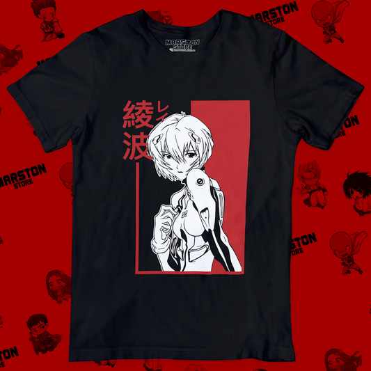 Polera negra Neon Genesis Evangelion con diseño de Rei Ayanami