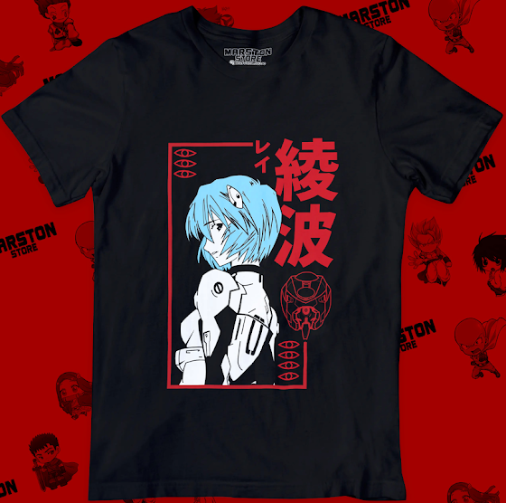 Polera negra Neon Genesis Evangelion con diseño de Rei Ayanami
