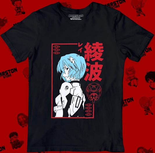 Polera negra Neon Genesis Evangelion con diseño de Rei Ayanami