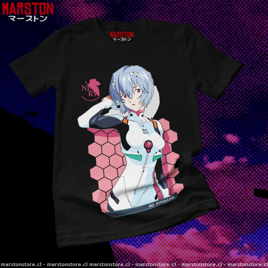 Polera negra Neon Genesis Evangelion con diseño de Rei Ayanami