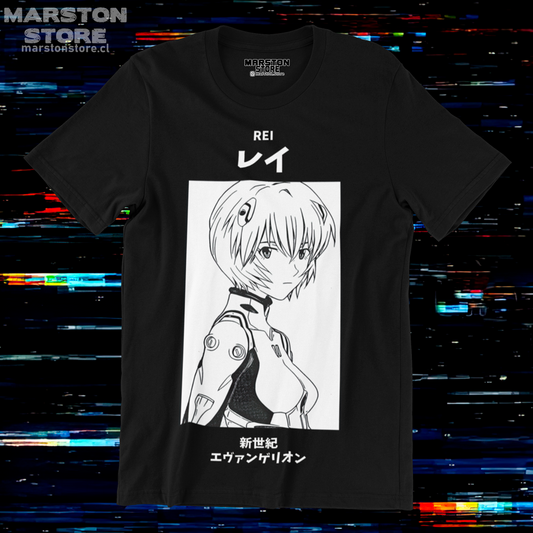 Polera negra Neon Genesis Evangelion con diseño de Rei Ayanami