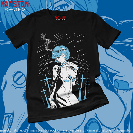 Polera negra Neon Genesis Evangelion con diseño de Rei Ayanami
