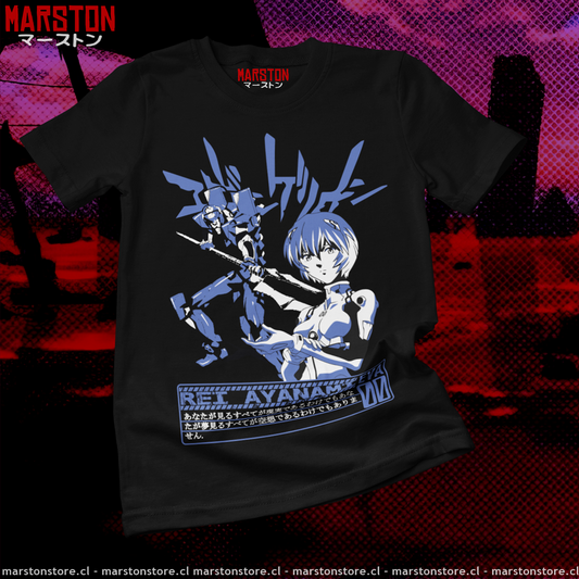 Polera negra Neon Genesis Evangelion con diseño de Rei Ayanami