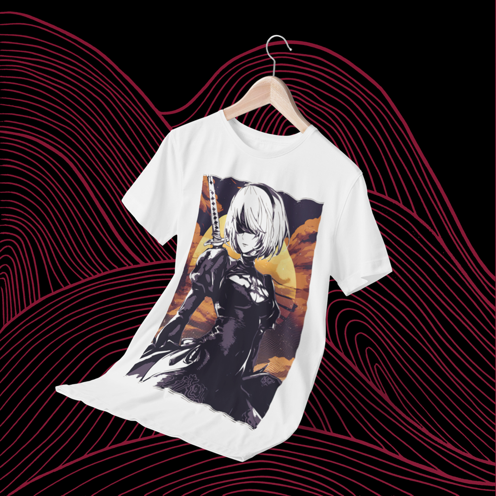 Polera blanca NieR: Automata con diseño de 2B