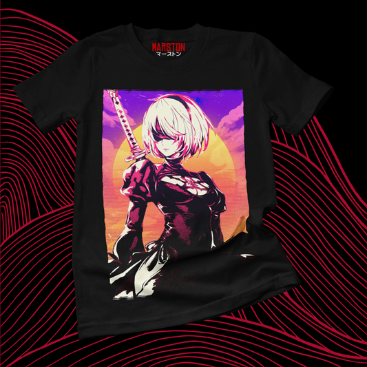 Polera negra NieR: Automata con diseño de 2B
