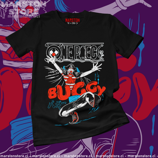Polera negra One Piece con diseño de Buggy