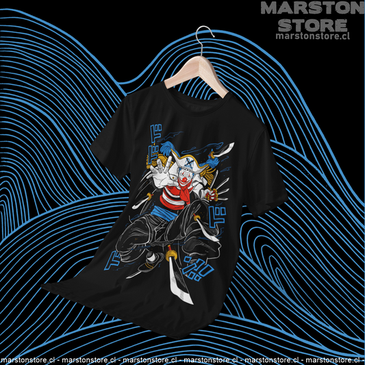 Polera negra One Piece con diseño de Buggy