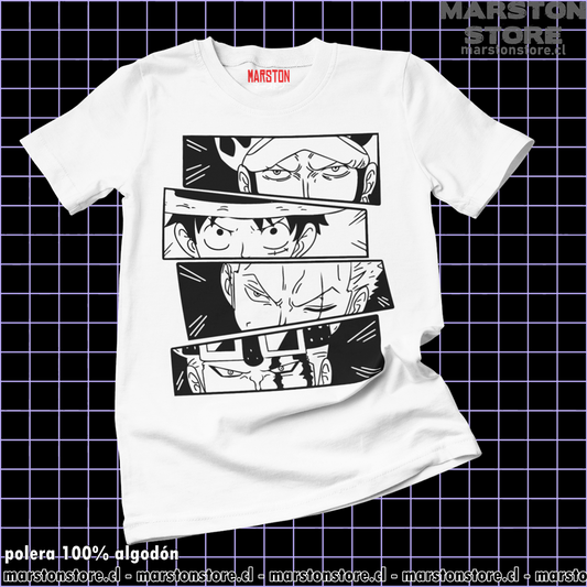 Polera blanca One Piece con diseño inspirado en el anime