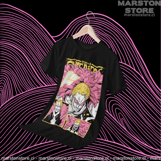 Polera negra One Piece con diseño de Donquixote Doflamingo