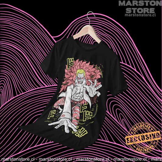 Polera negra One Piece con diseño de Donquixote Doflamingo