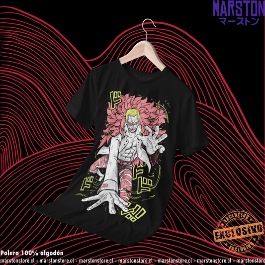 Polera negra One Piece con diseño de Donquixote Doflamingo