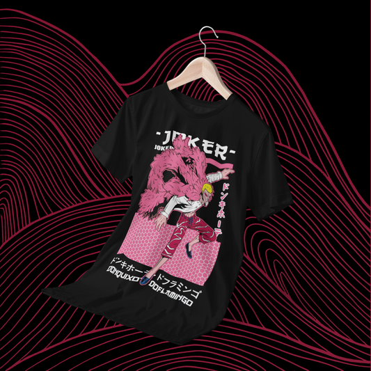 Polera negra One Piece con diseño de Donquixote Doflamingo