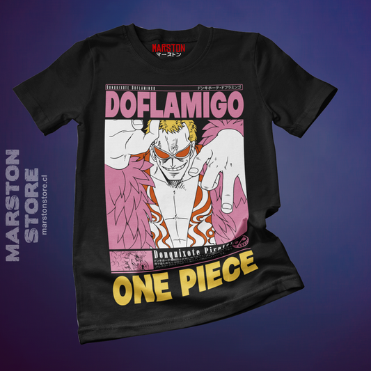 Polera negra One Piece con diseño de Donquixote Doflamingo