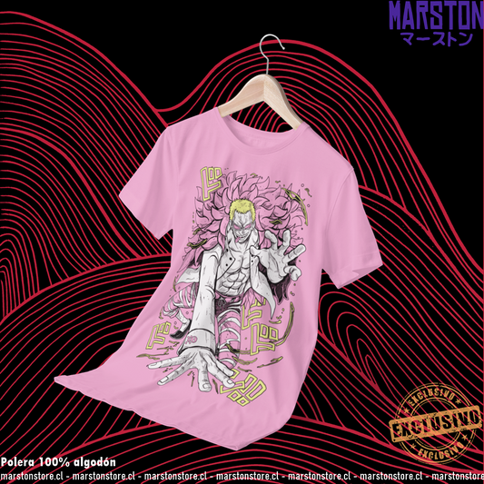 Polera rosada One Piece con diseño de Donquixote Doflamingo