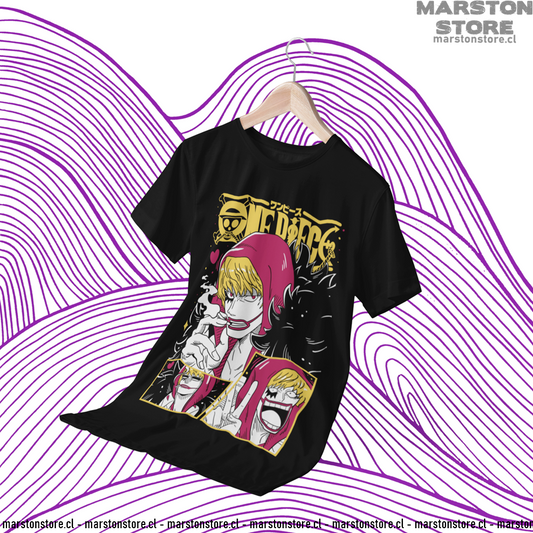 Polera negra One Piece con diseño de Donquixote Rosinante (Corazón)
